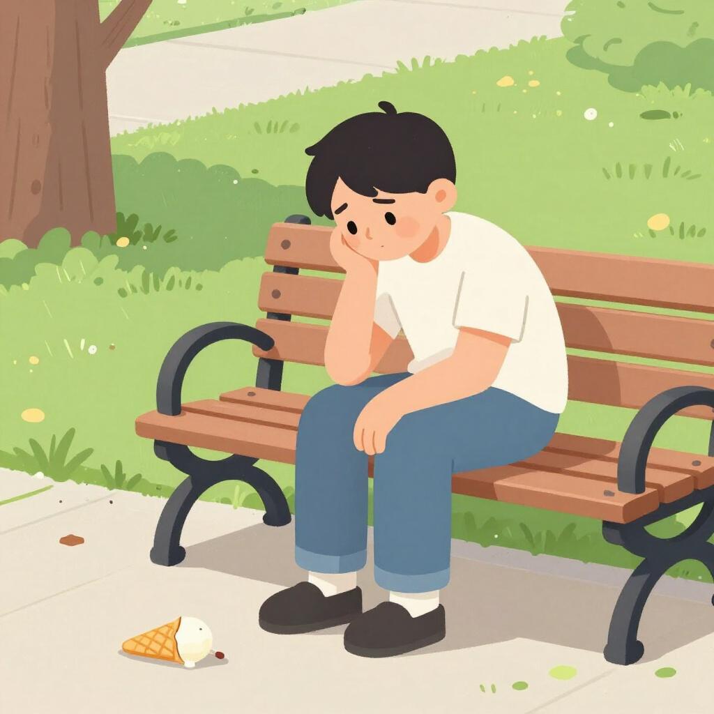 木製のベンチに座り、両手で顔を覆い、地面にこぼれたアイスクリームコーンを見下ろしている人。