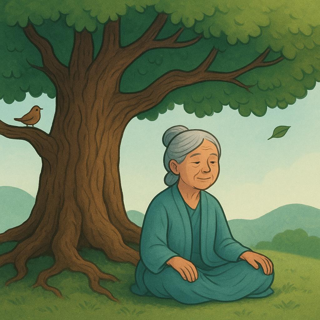 A simple illustration of a serene, elderly person with a kind expression sitting quietly beneath a large, ancient oak tree, symbolizing deep understanding and experience.