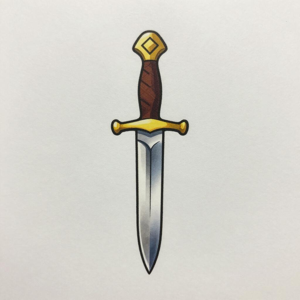 A small, ornate dagger with a double-edged steel blade and a gold handle resting on a wooden table.