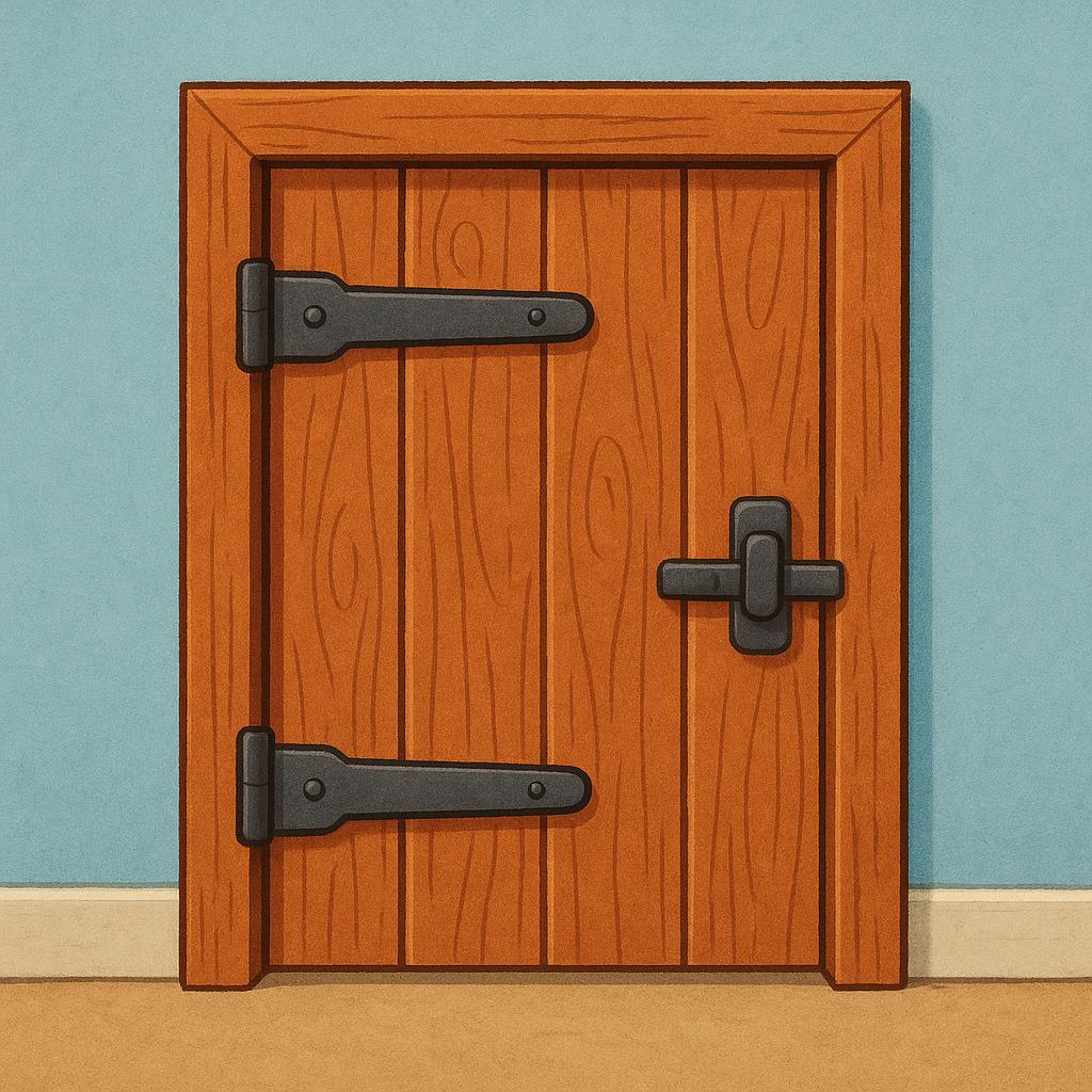 A simple wooden door is completely shut, showing no opening, illustrating the concept of 'closed'.