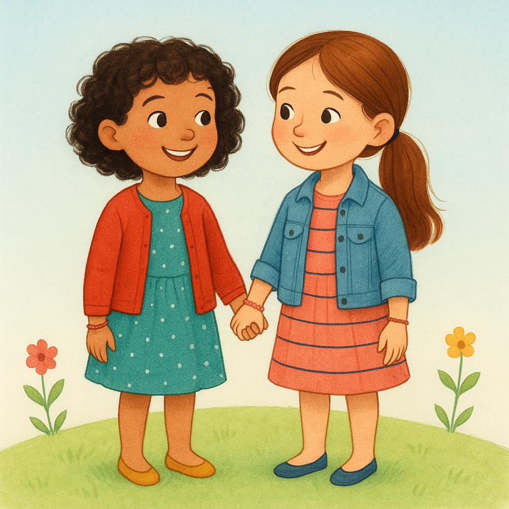 Two young girls, clearly sisters, standing together side-by-side, holding hands and smiling.