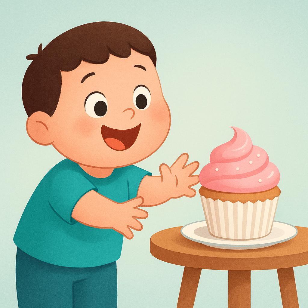 A cheerful storybook illustration showing a character excitedly reaching for a brightly colored, single frosted cupcake, illustrating a strong desire or craving.