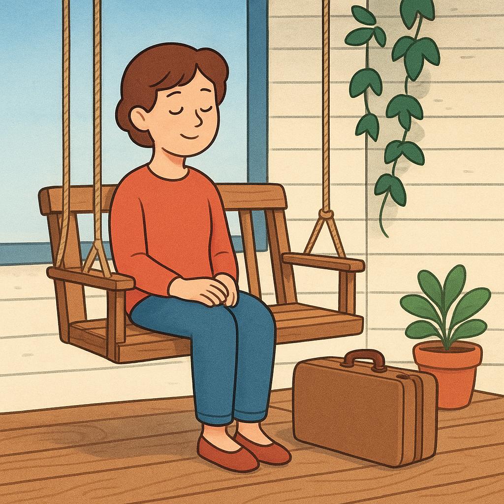 A person sitting comfortably on a wooden porch swing next to a closed small suitcase, looking relaxed and settled, illustrating the concept of staying or remaining in a place.