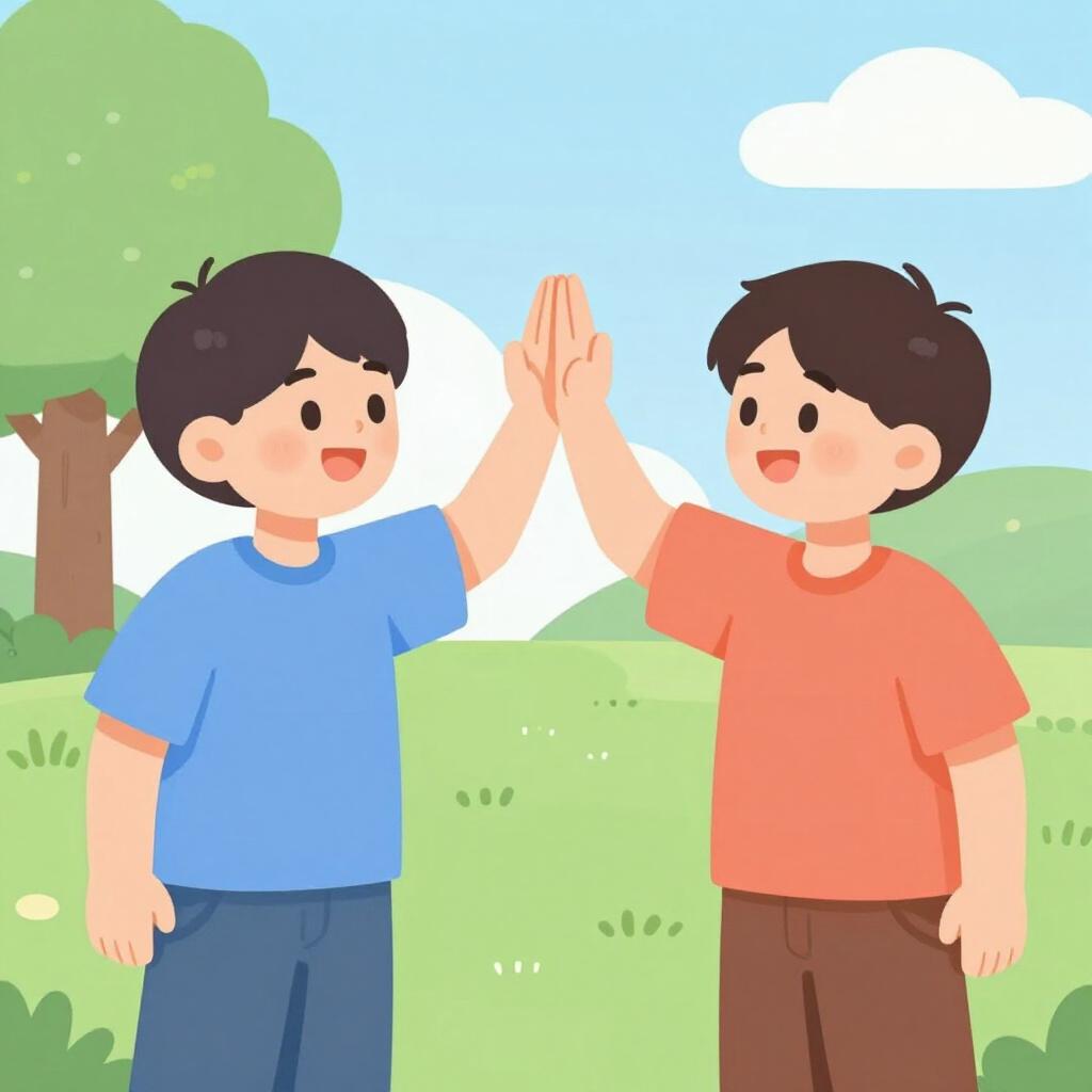 Two young male friends in casual clothes sharing a friendly high-five in a park.