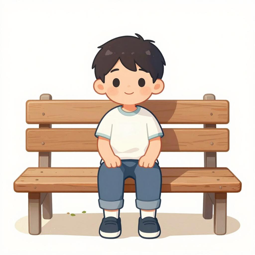穏やかな木製のベンチに静かに座っている落ち着いた子供。平和的に待つ忍耐強さを示している。