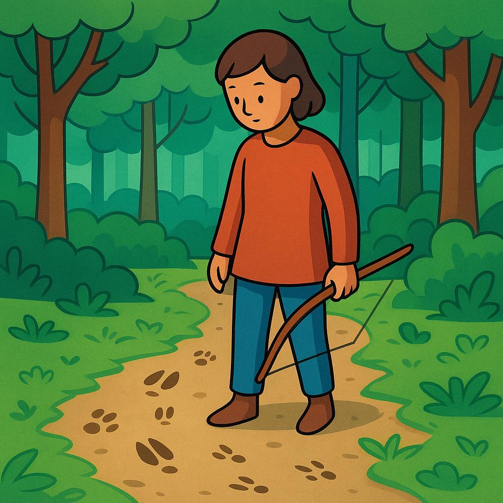 A hunter with a bow and arrow standing in a forest, looking at deer tracks in the grass.