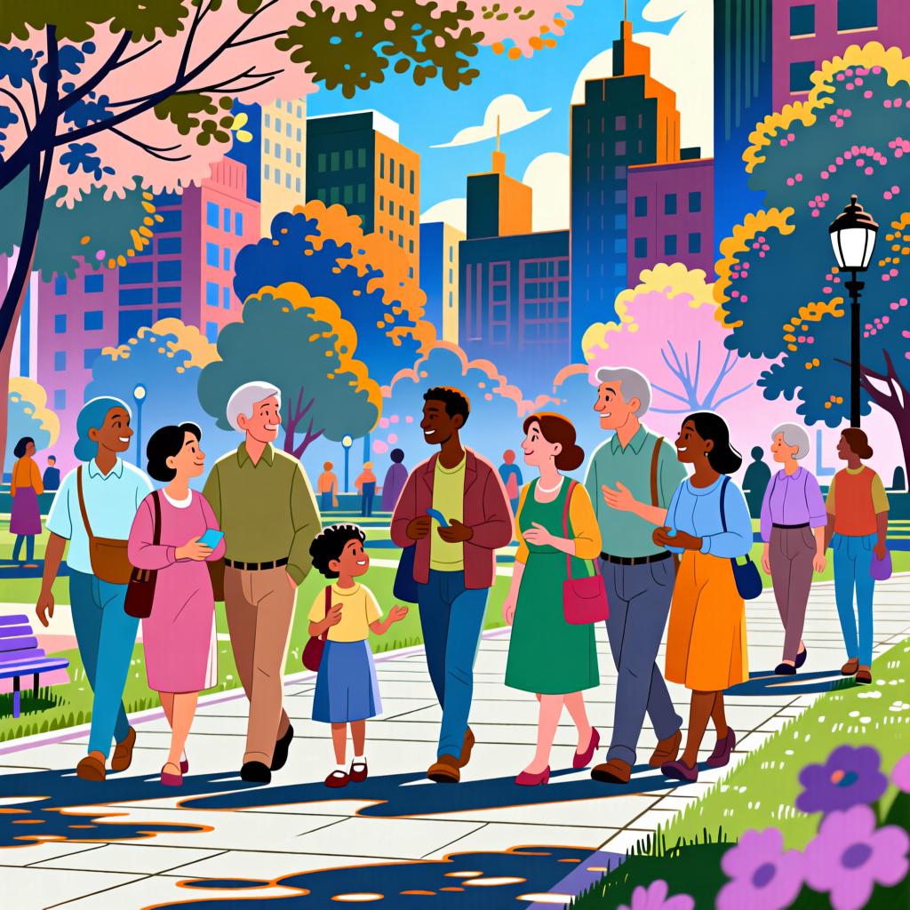 A diverse group of people of different ages and ethnicities mingling in a sunny park, representing 'gente' as people in general.