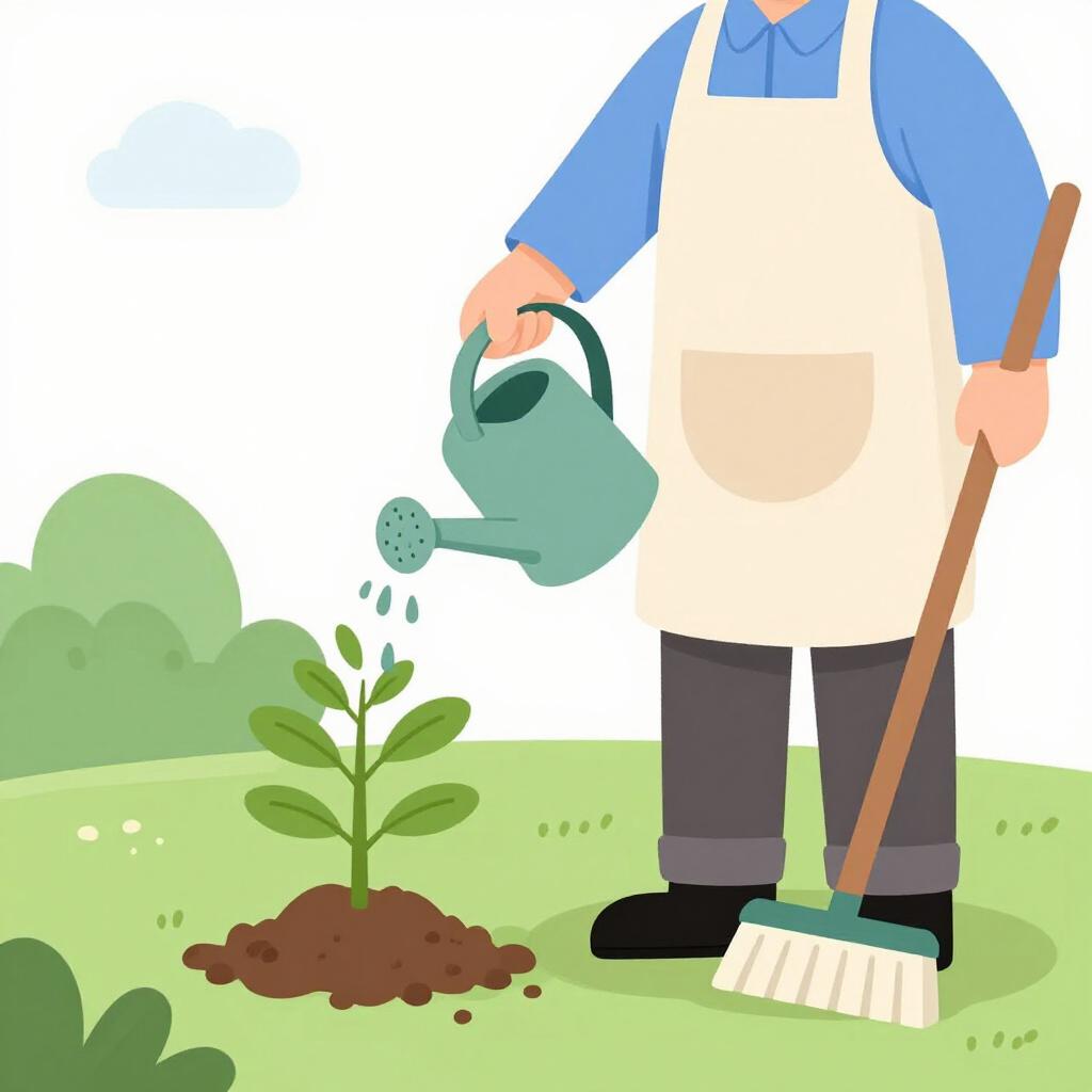 A person watering a small garden and sweeping a path.