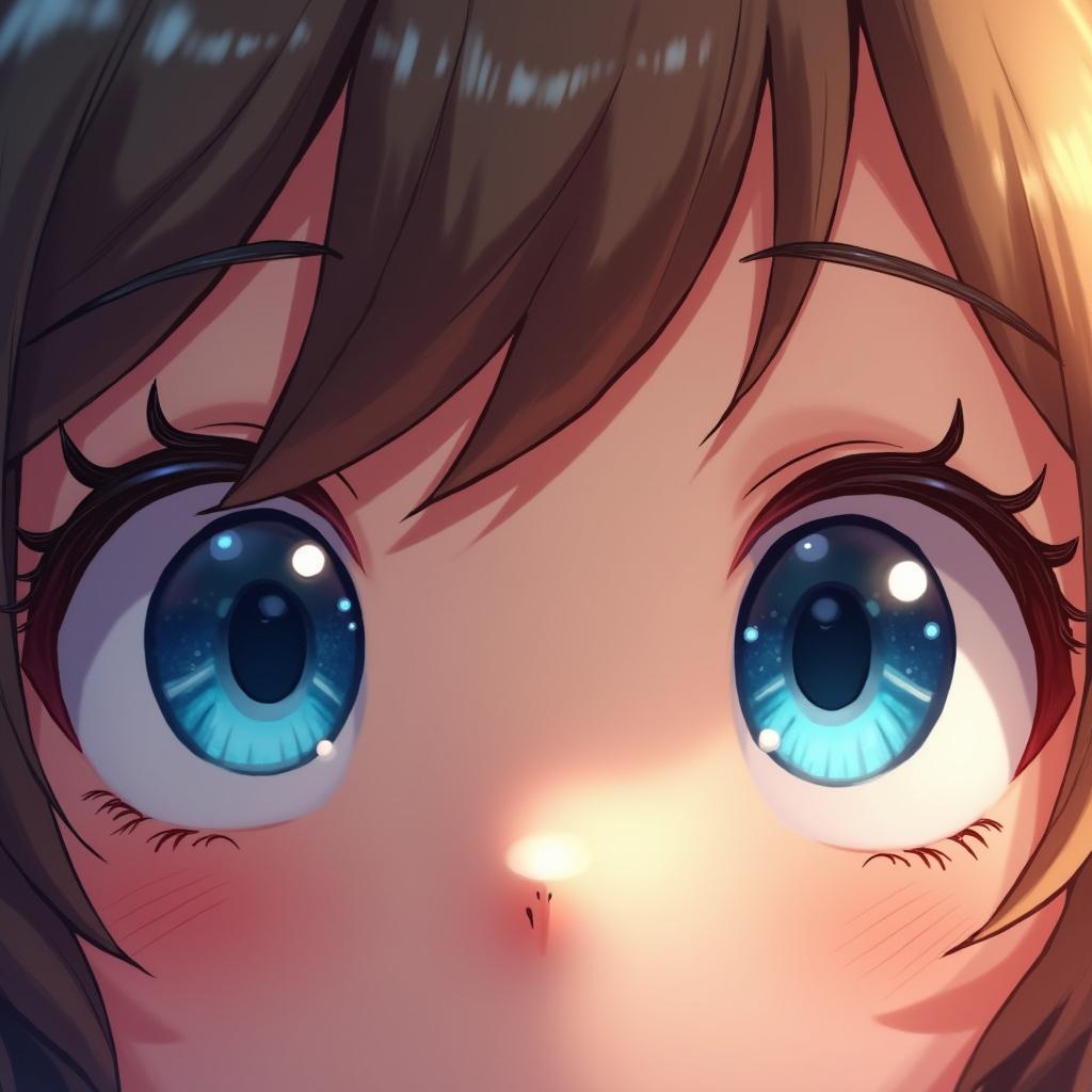 A close-up illustration of two bright blue eyes looking directly forward, surrounded by soft skin and eyelashes.