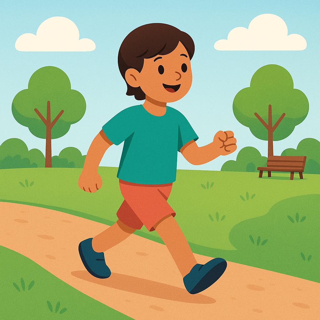 A colorful storybook illustration showing a simplified figure mid-stride, actively walking along a path.