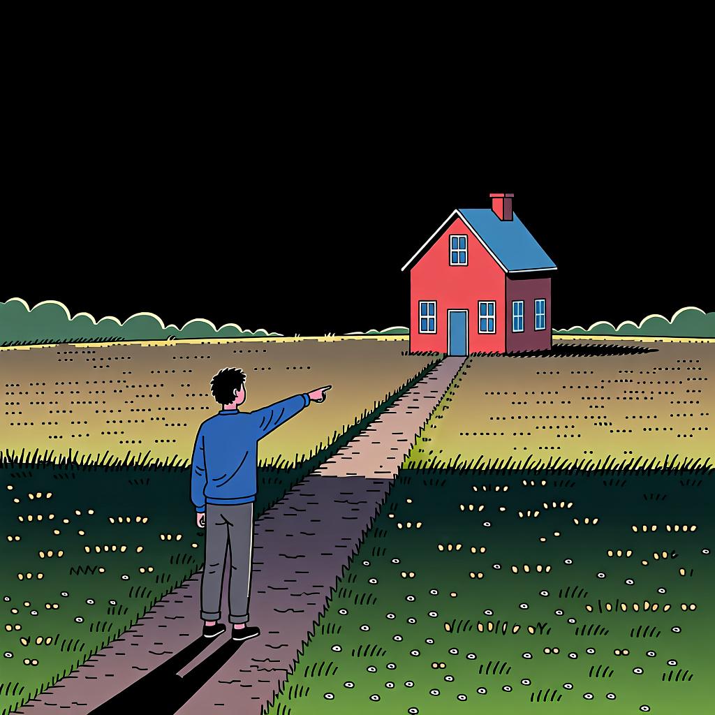 A person pointing to a specific red house that is a medium distance away, neither right next to them nor on the far horizon.