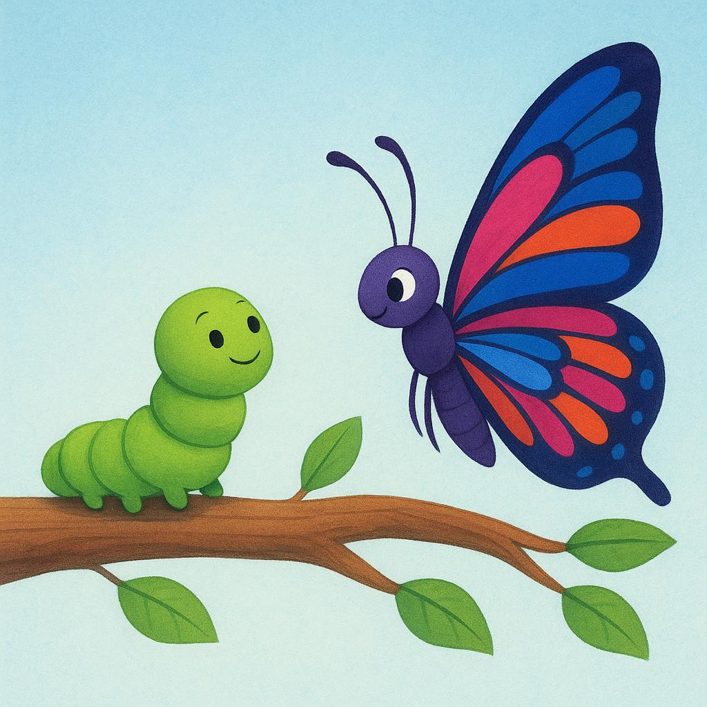A simple storybook illustration showing a small green caterpillar sitting on a branch next to a fully formed brightly colored butterfly, symbolizing the passage of time leading to a final transformation.