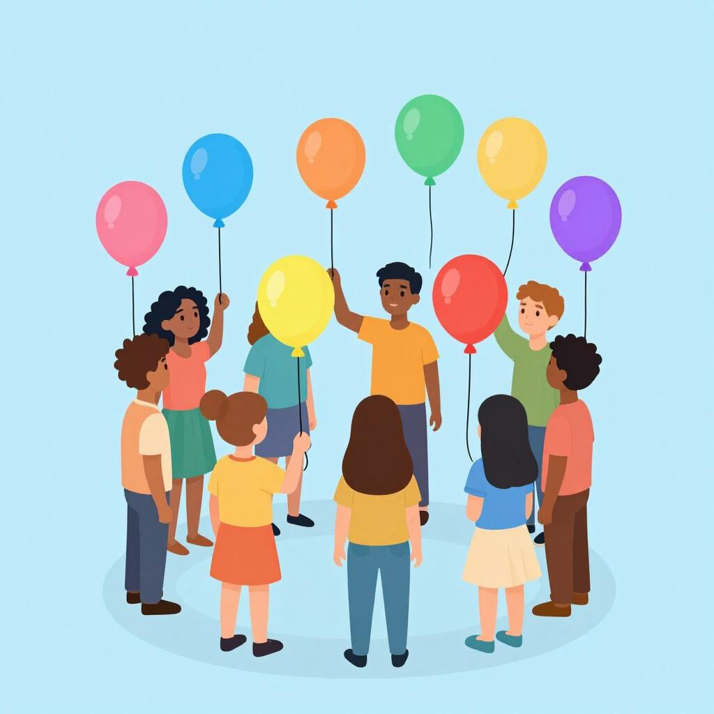 Uma ilustração de várias pessoas juntas, cada uma segurando um balão de cor diferente representando seu conjunto único de ideias e crenças.