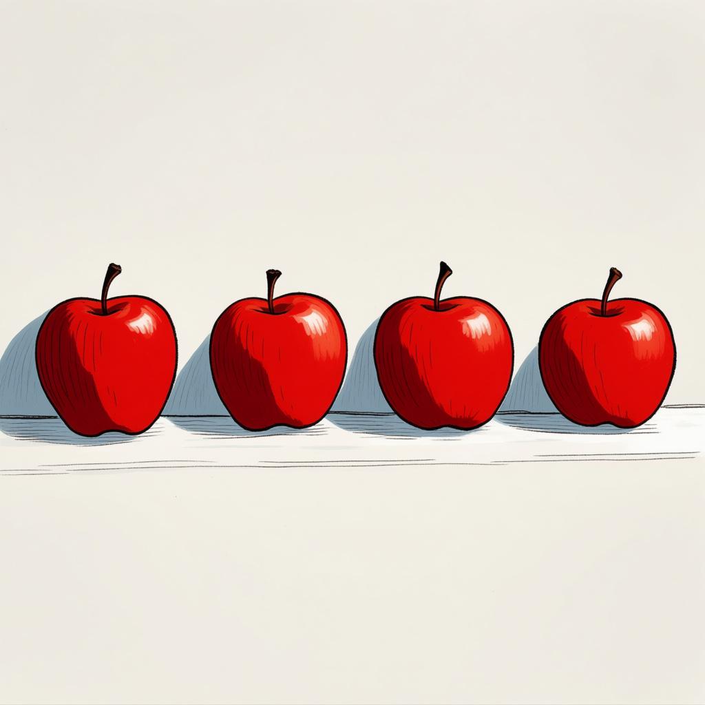 Four identical, bright red apples are perfectly lined up on a plain surface.