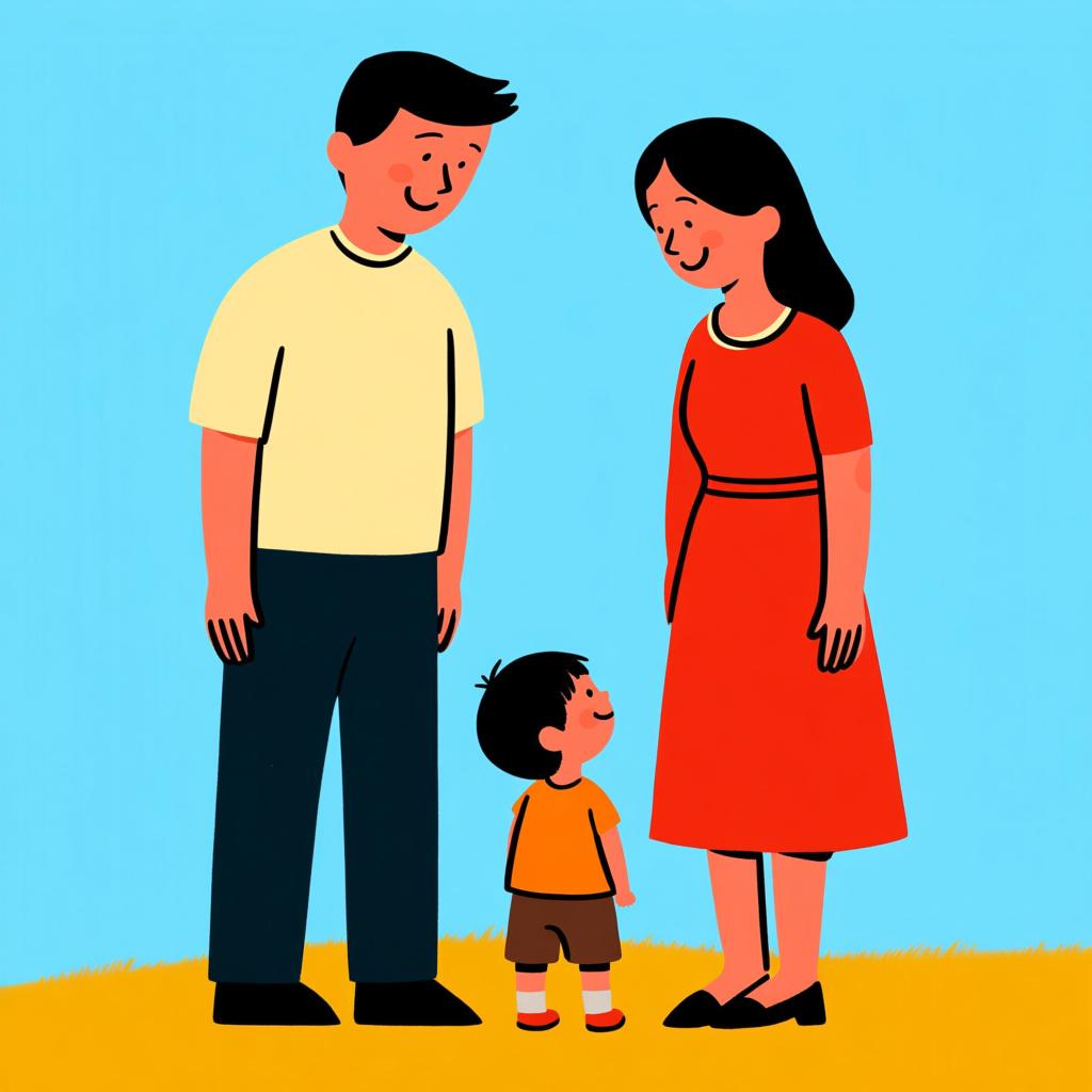 A man and a woman, smiling, standing next to each other with a small child between them, representing parents.