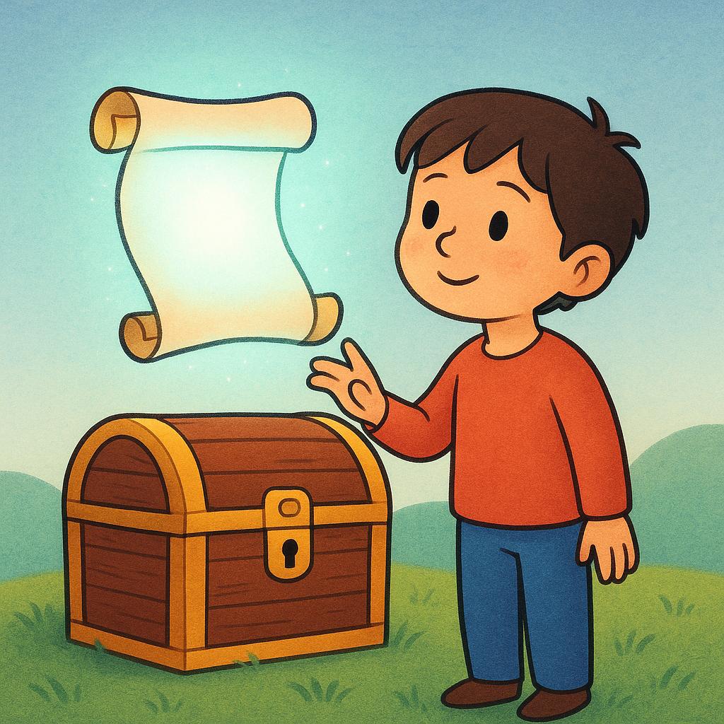 A curious child stands next to a large, closed treasure chest. Floating brightly above the chest is an open scroll, symbolizing knowledge that will be revealed in the future.