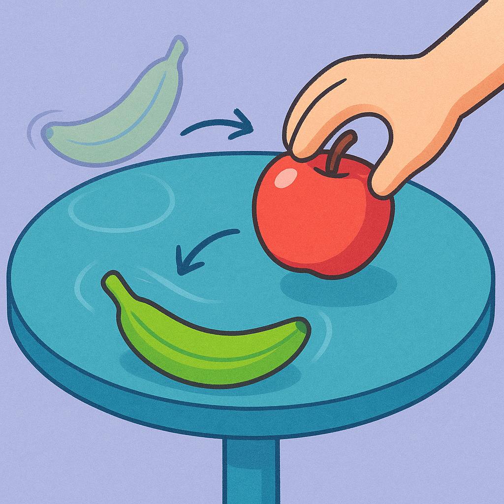 A hand is swapping a red apple for a green banana on a wooden table, illustrating the act of replacement.