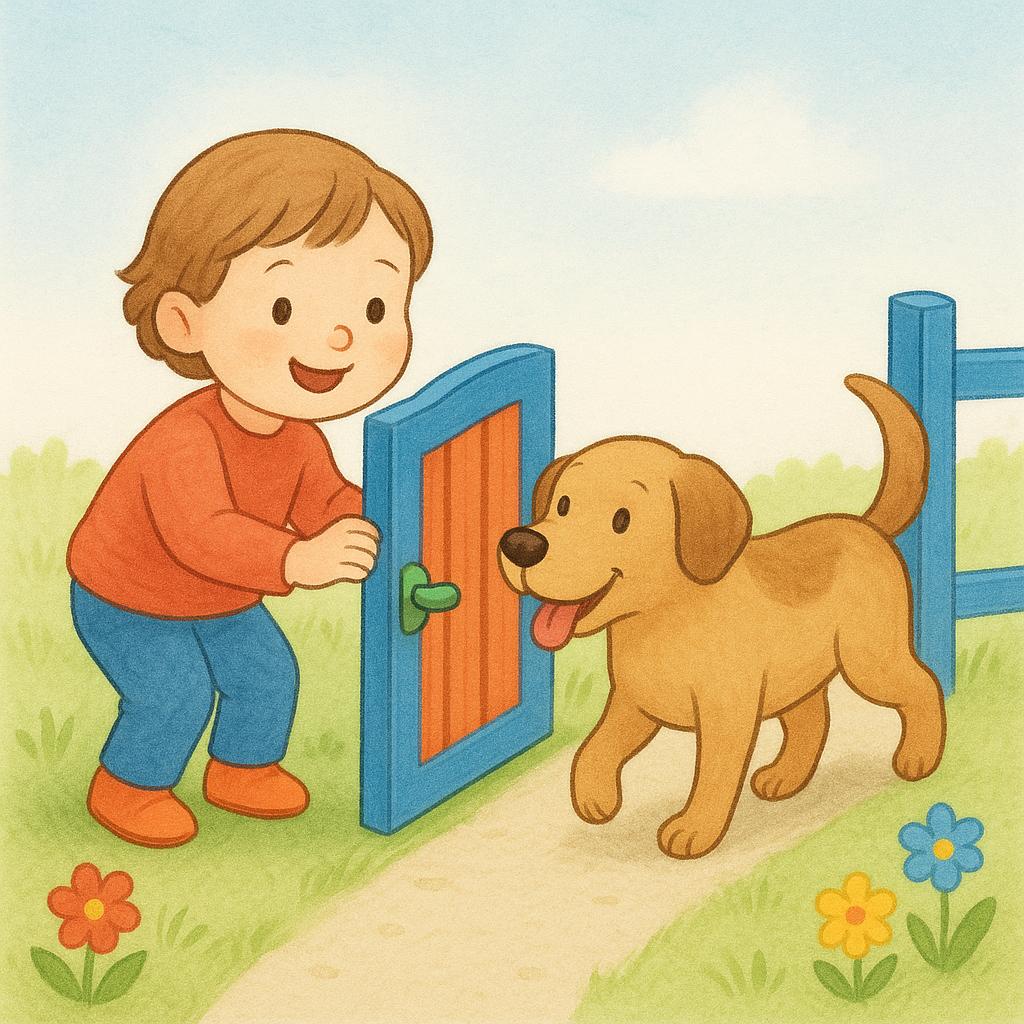 A storybook illustration showing a child holding open a small wooden gate, allowing a happy dog to pass through, symbolizing permission.