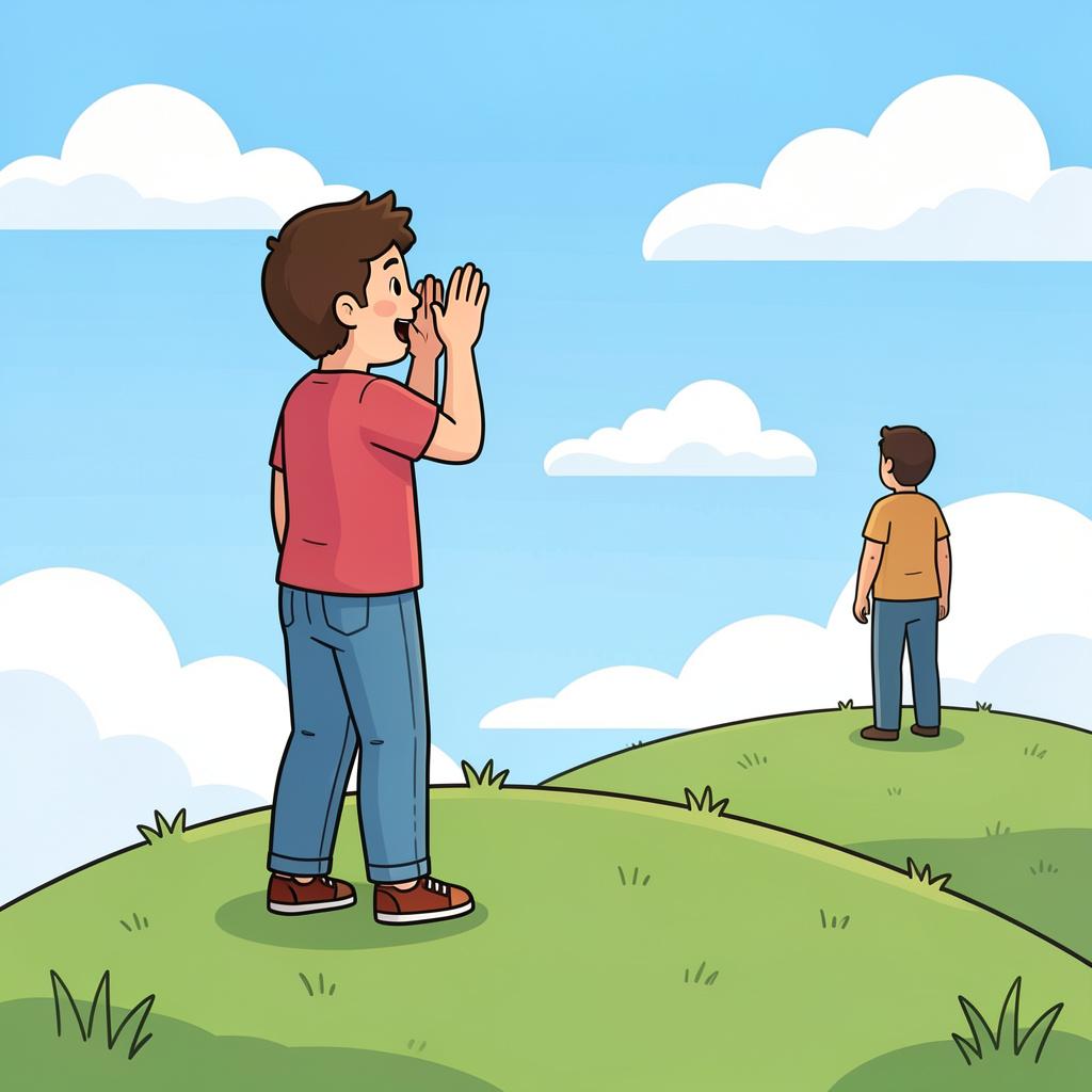 A person standing on a hilltop, waving their hand and cupping their mouth as if shouting to someone far away.