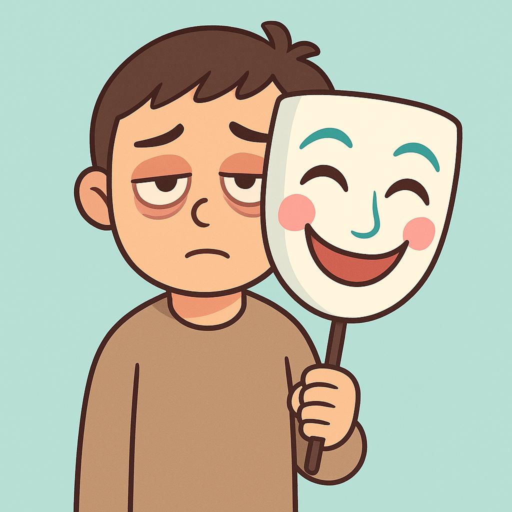 A simple cartoon character holding a bright, smiling theatrical mask in front of their face, while their visible eyes above the mask look genuinely tired, illustrating the act of pretending.