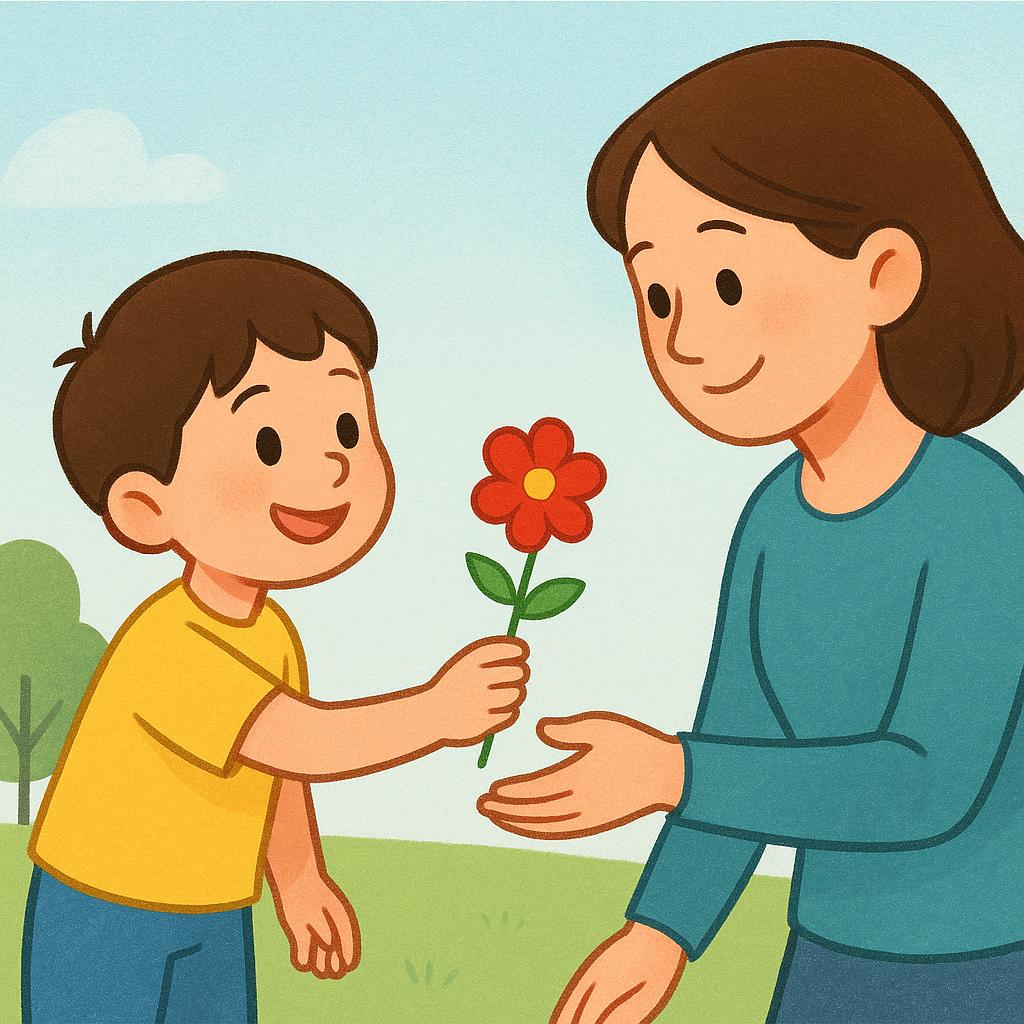 A smiling child holding a bright red flower and extending their arm to offer it directly to a smiling adult, illustrating the action of bringing something to someone.