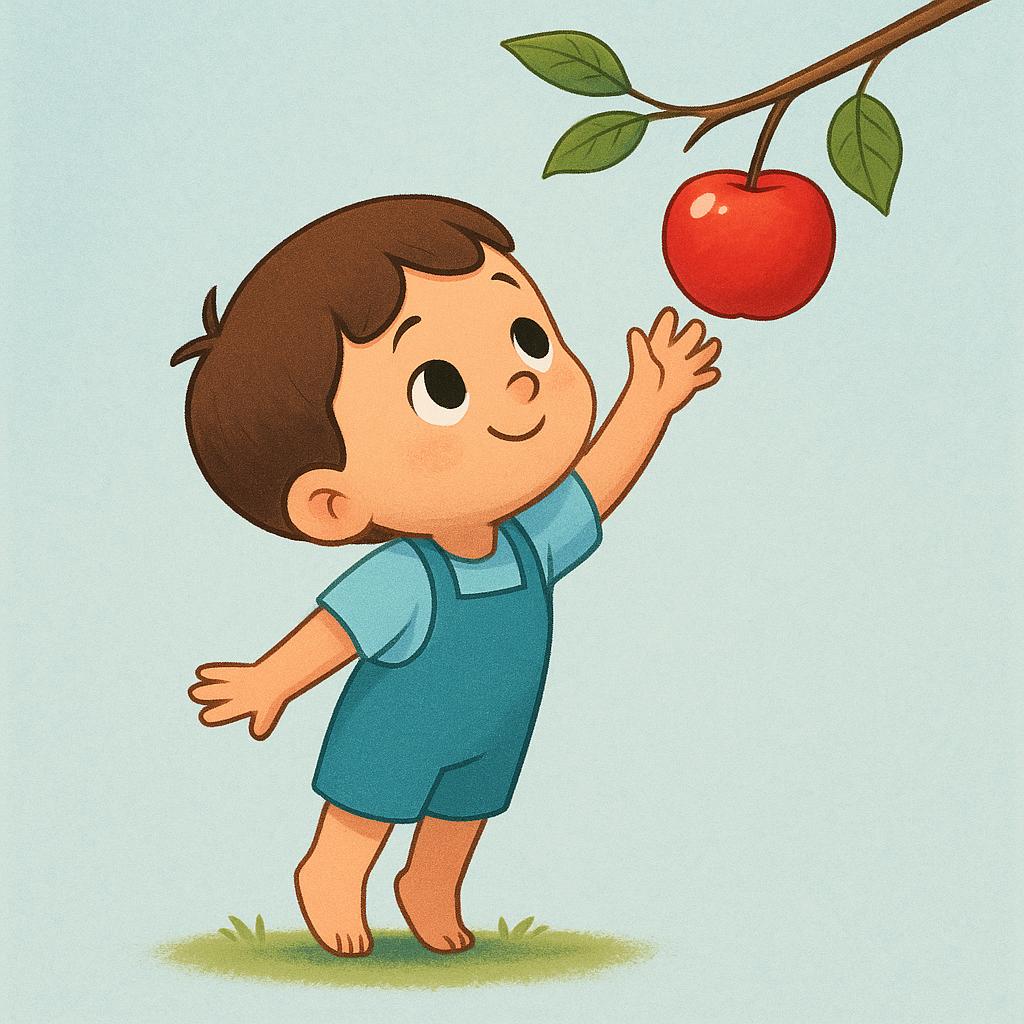 A small, friendly cartoon character standing on its tiptoes, stretching its arm high in an attempt to reach a bright red apple hanging just out of reach on a low branch.
