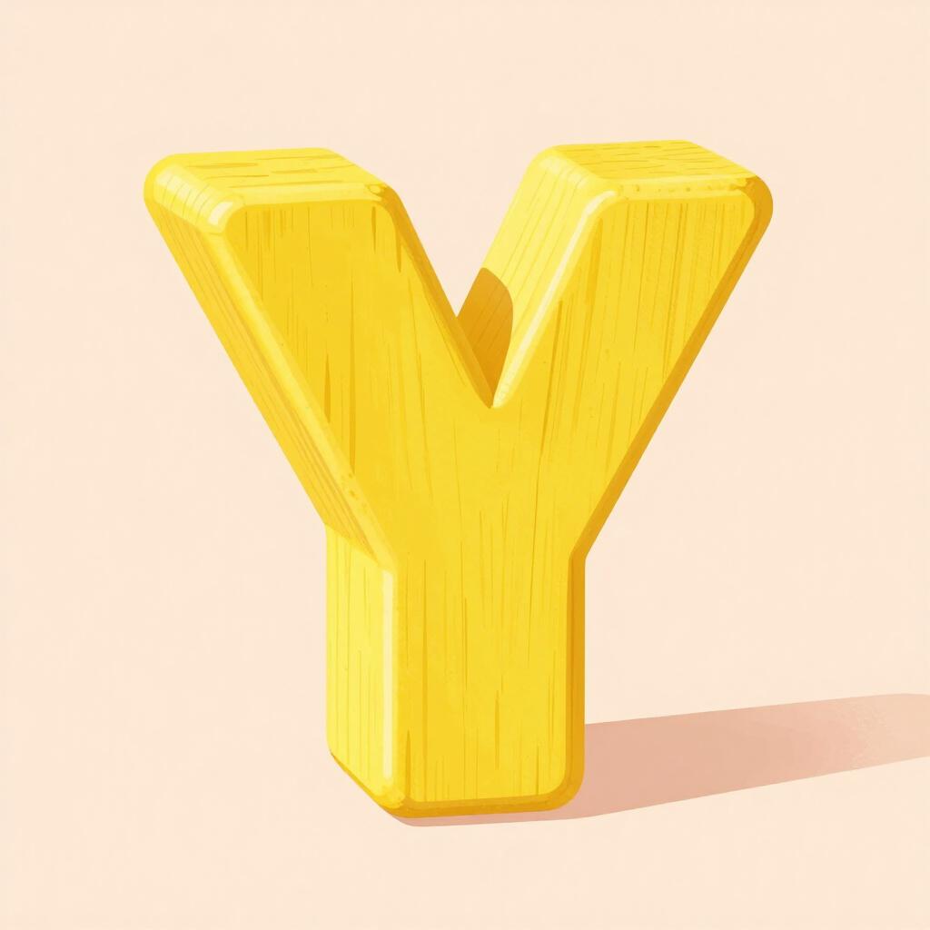A bright yellow wooden block shaped like the capital letter Y sitting on a clean surface.