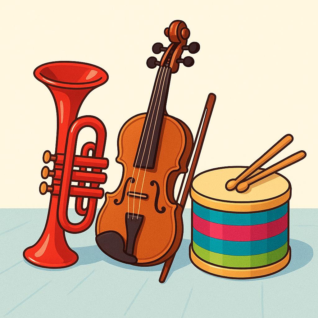 A collection of musical instruments including a bright red trumpet, a small brown violin, and a colorful drum grouped together on a floor.