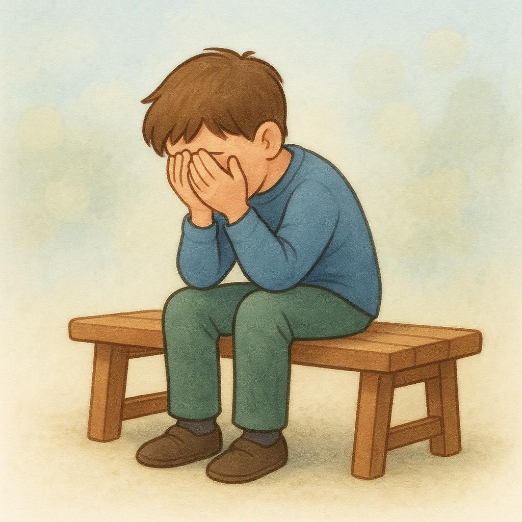 A colorful storybook illustration showing a young person sitting alone on a simple bench, hunched over with their hands covering their face in a clear gesture of deep worry or concern.