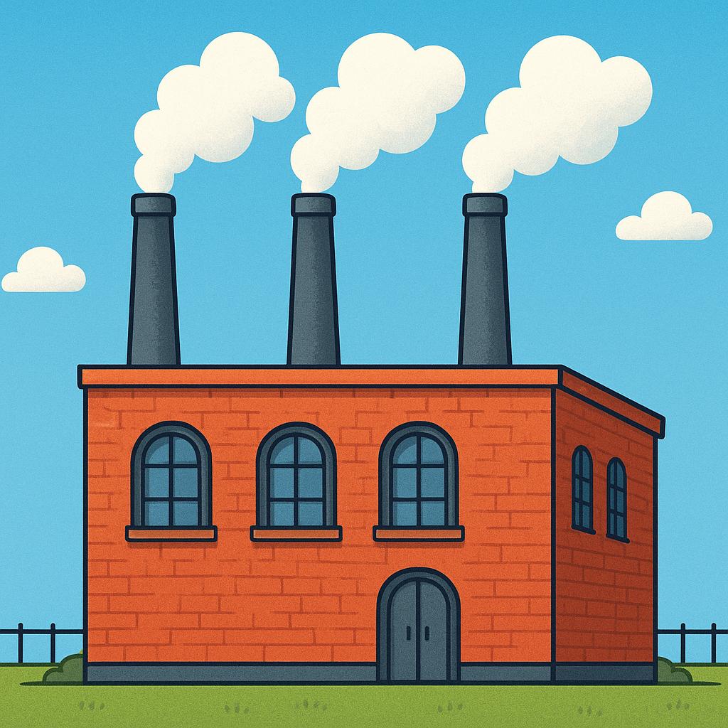 A large, rectangular industrial factory building made of red brick with three tall, smoking smokestacks, set against a clear blue sky.