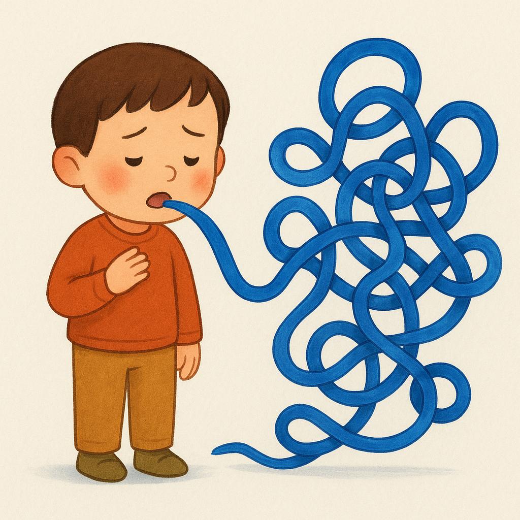 A simple, colorful storybook illustration showing a character who has been caught in a falsehood. A long, twisting, blue ribbon, symbolizing a tangled lie, is emerging directly from the character's mouth.