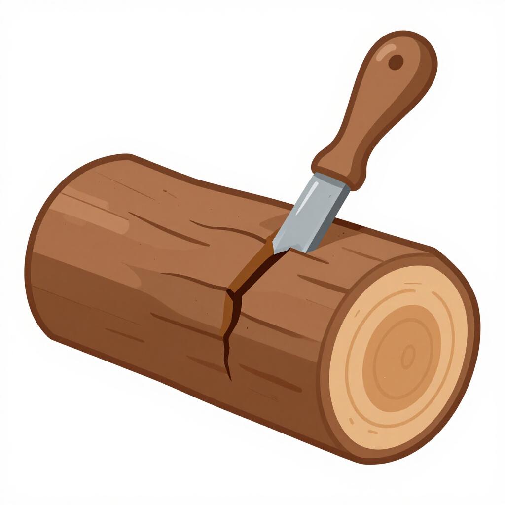 A thick wooden log being split down the middle with a large metal wedge.