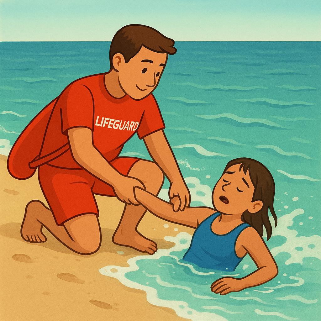 A colorful illustration of a lifeguard pulling a distressed swimmer to safety on a sandy beach.
