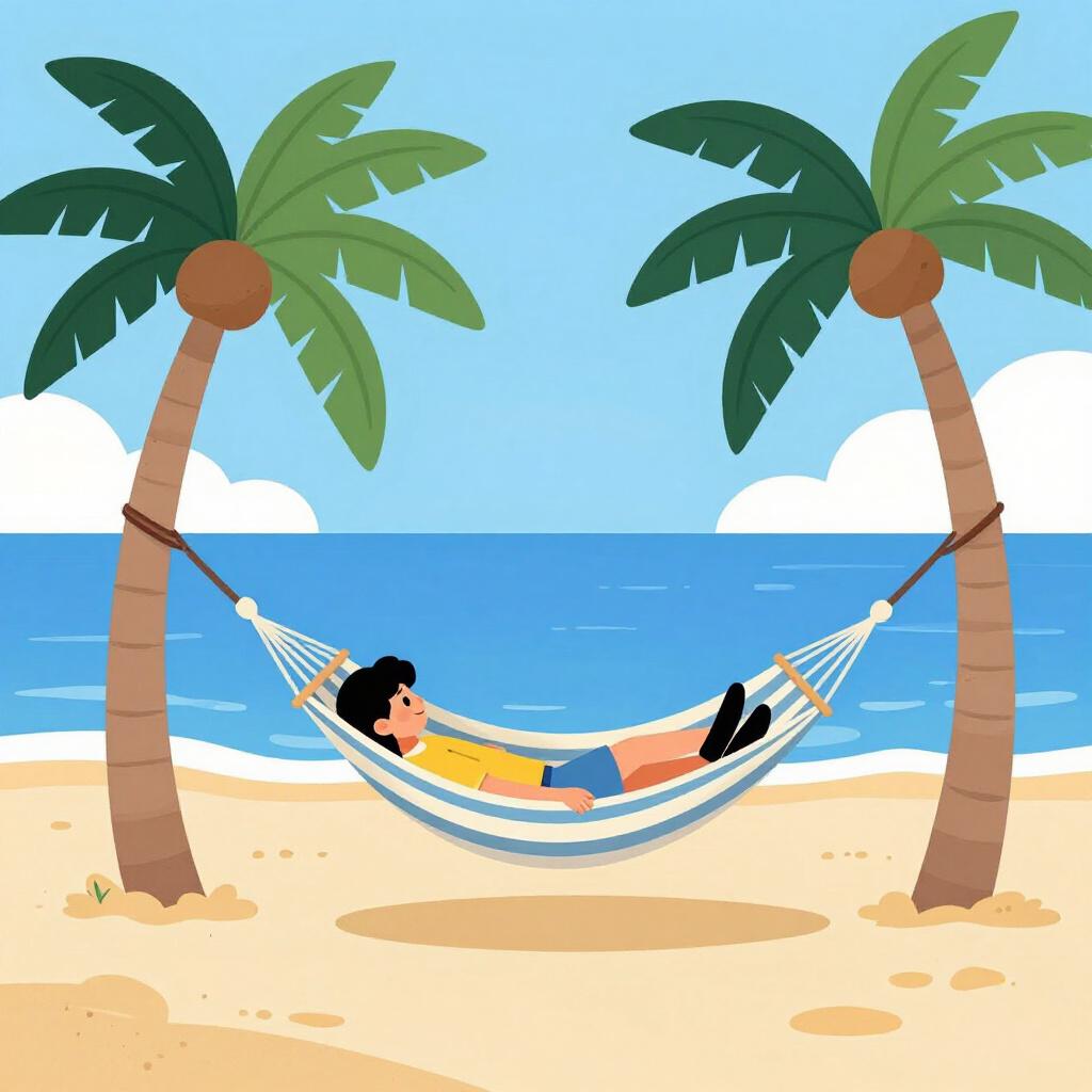 ヤシの木に囲まれたカラフルなハンモックでリラックスしている人。
