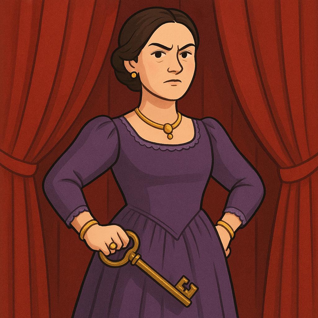 A stern, well-dressed woman in a purple dress and gold jewelry, holding a large antique key while standing confidently in front of a heavy, closed red velvet curtain.