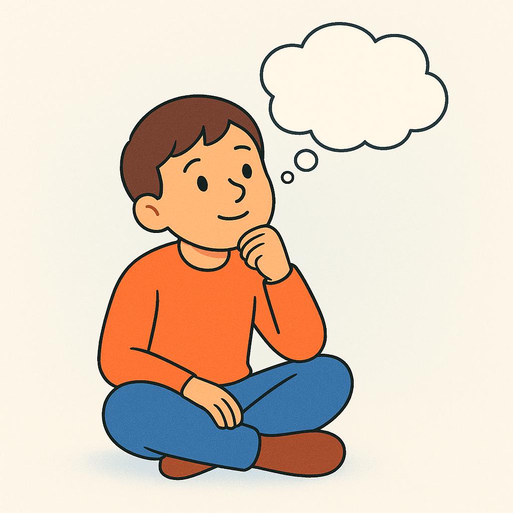 A colorful storybook illustration showing a simple character sitting cross-legged on the ground, chin resting on their hand, looking contemplative. A simple, empty thought cloud floats above their head.