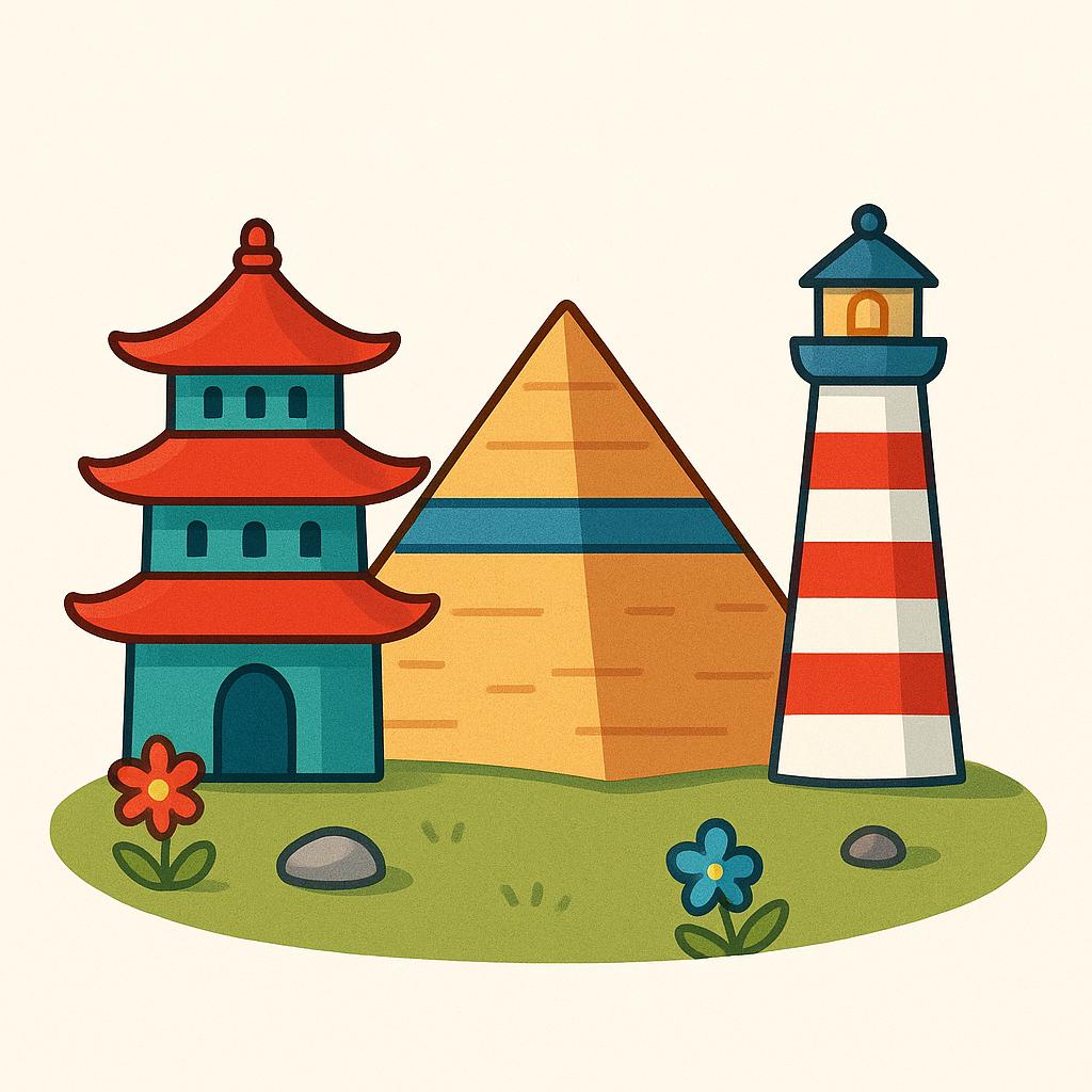 A storybook illustration showing a simplified pagoda, a pyramid, and a lighthouse grouped together on a stylized patch of green land, symbolizing different countries.