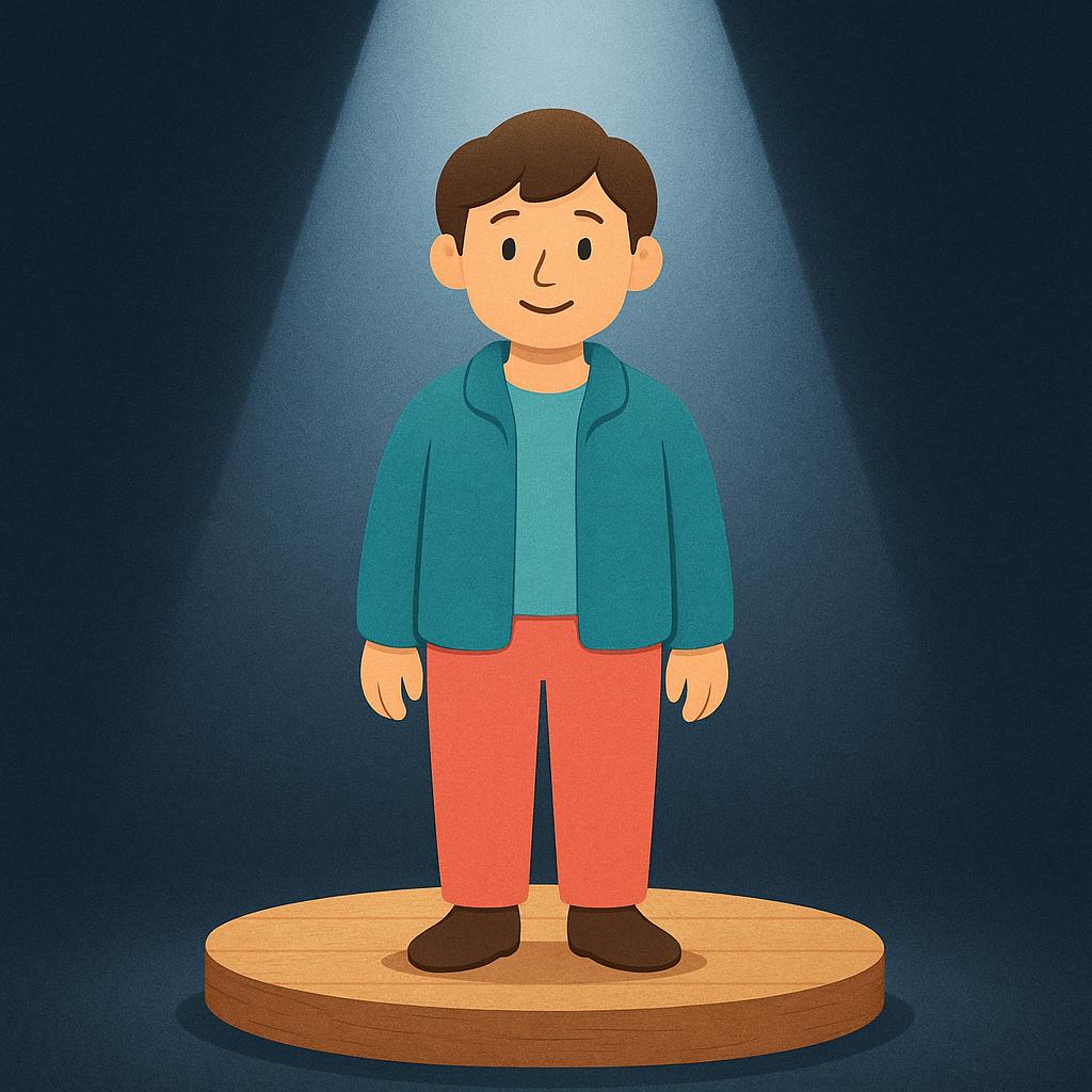 A single person standing on a small wooden stage, brightly lit by a focused beam of light from above, symbolizing being well-known.