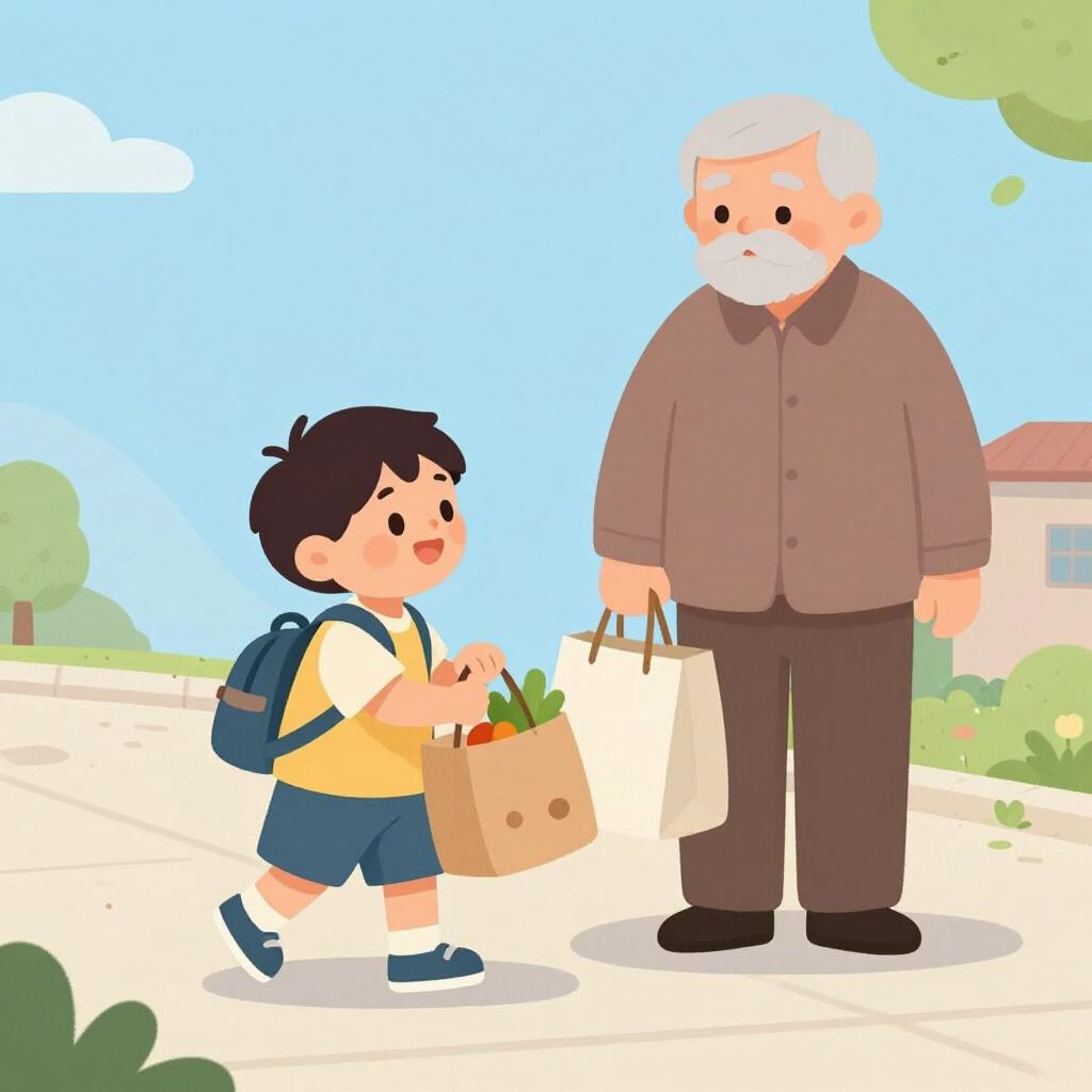 A child helping an elderly person carry groceries, showing a clear good reason for their action.