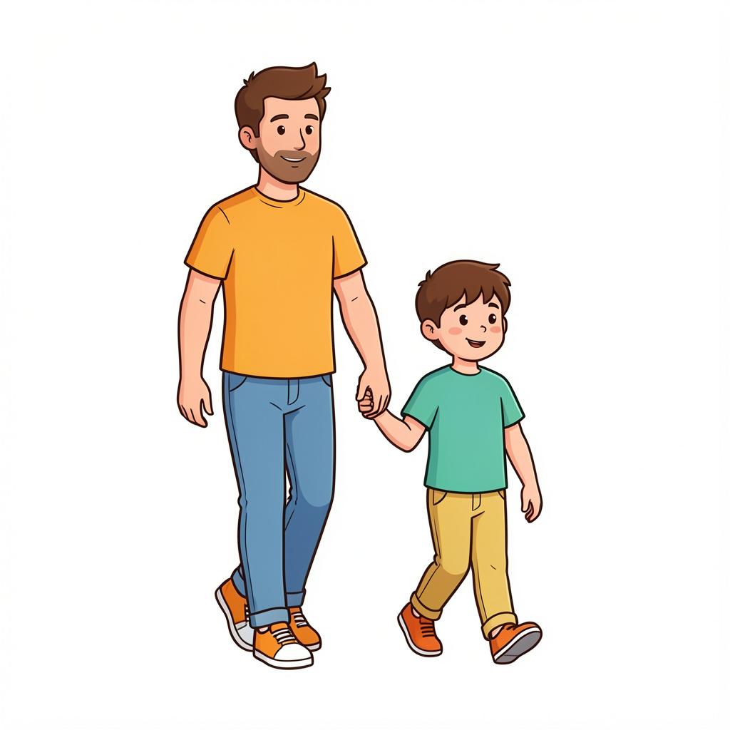 A high quality simple colorful storybook illustration of a man and a young boy walking together in a park.