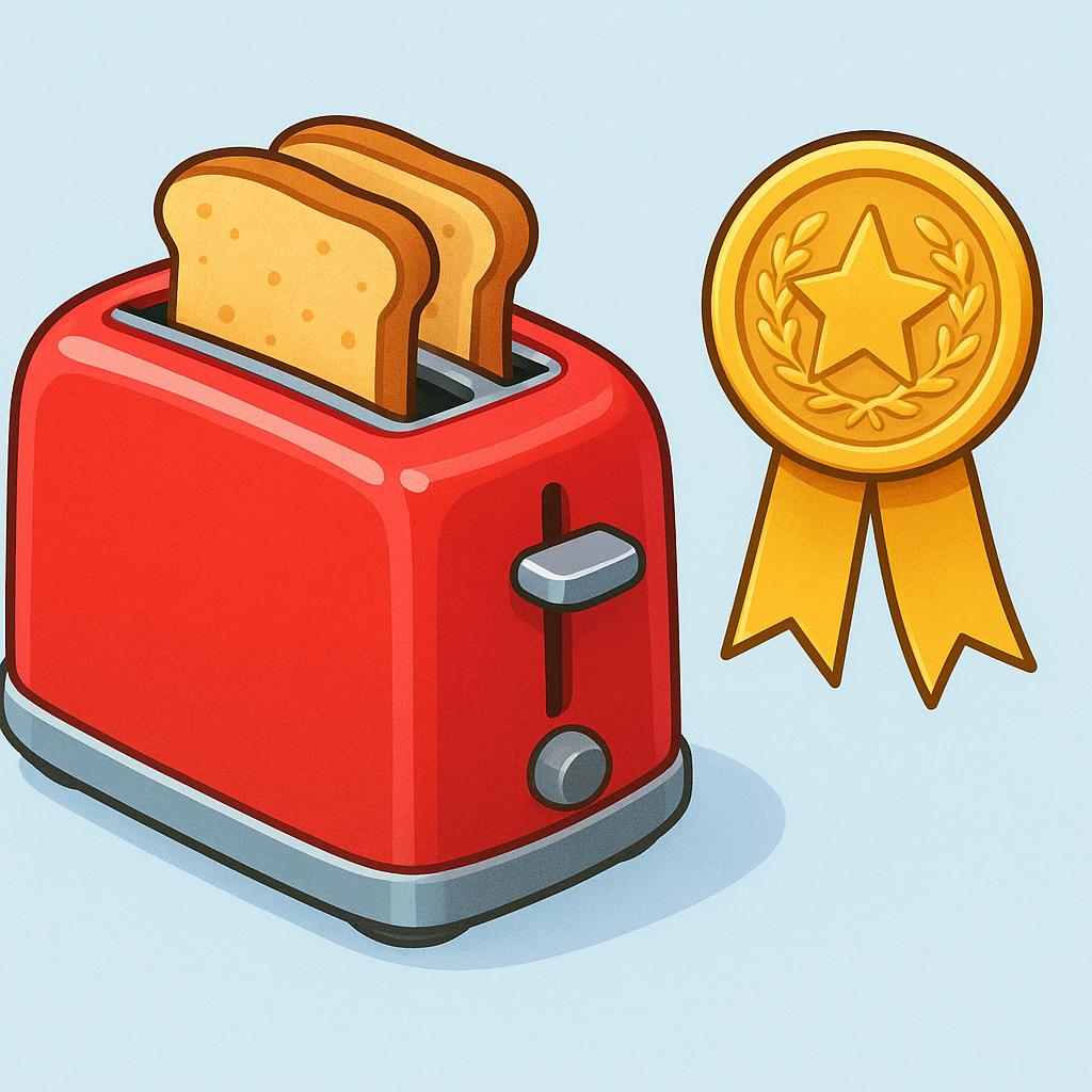 A new, shiny red toaster sitting on a kitchen counter next to a decorative golden seal, symbolizing a product guarantee.