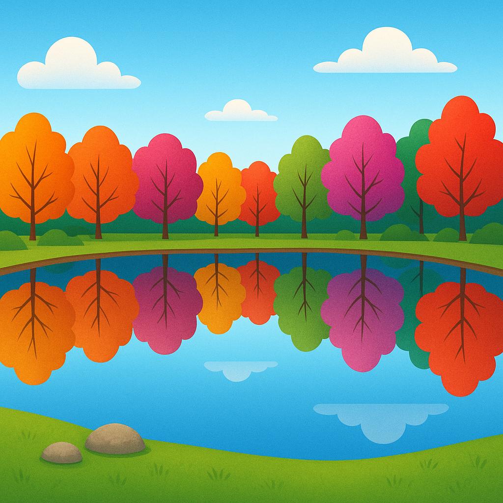 A perfectly still, glassy pond reflecting the colorful autumn trees and blue sky above. The water shows no ripples or movement.