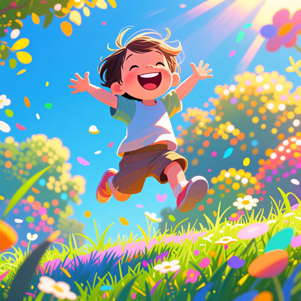 A brightly colored image of a child leaping joyfully into the air under a bright sun, illustrating happiness and contentment.