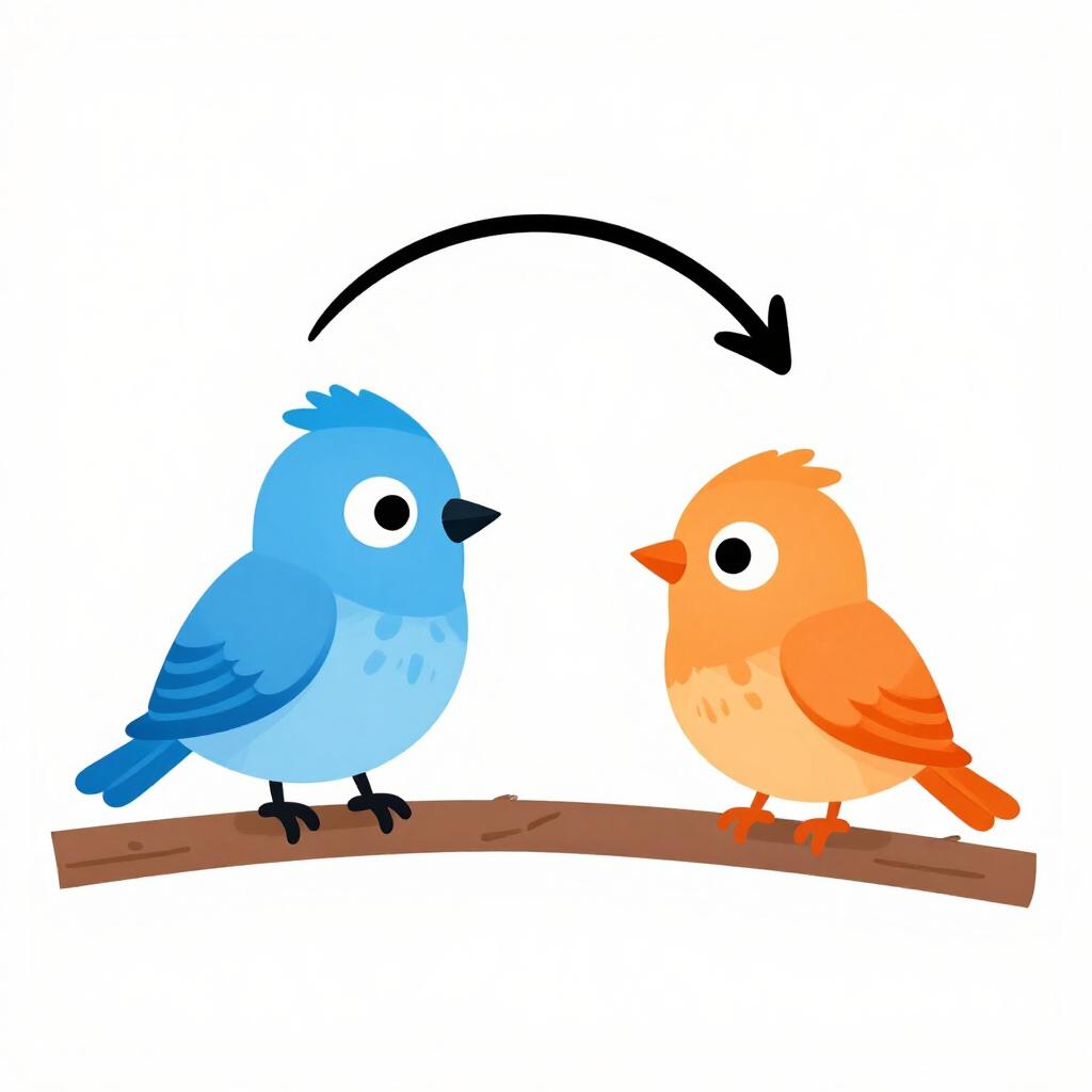 青い鳥とオレンジ色の鳥が互いに向き合い、円を描くように位置を入れ替わる様子。