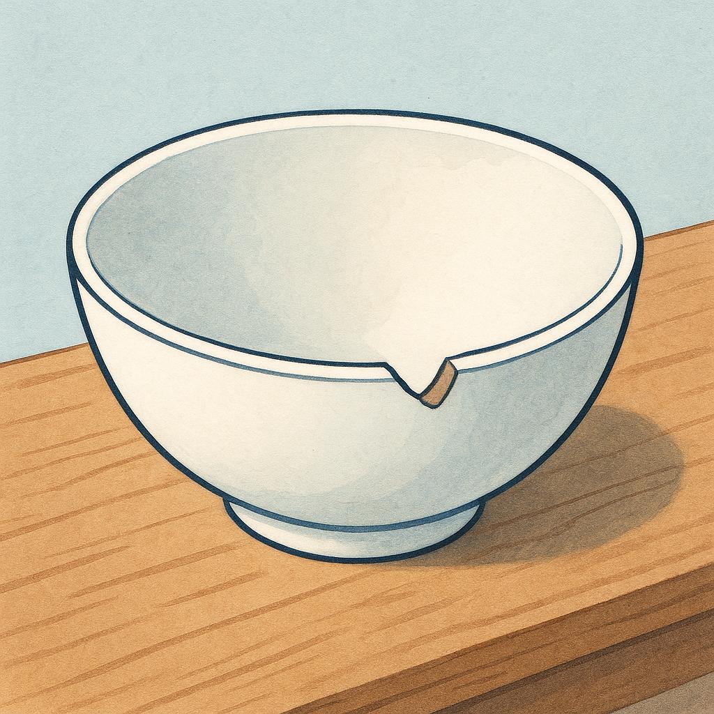 A pristine, simple ceramic bowl sitting on a table, clearly showing a large, visible chip on its rim.