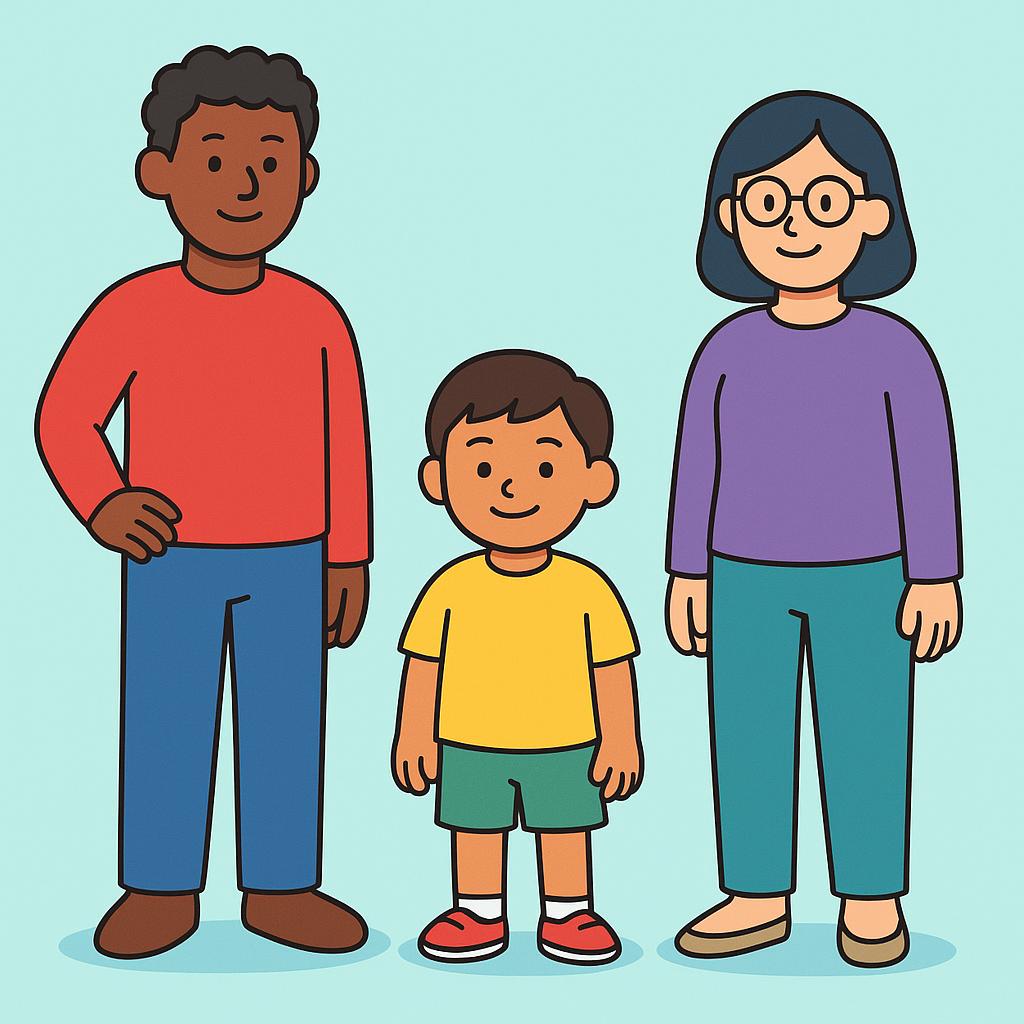 A simple colorful illustration showing three distinct, diverse individuals (one tall, one short, one wearing glasses) standing next to each other, symbolizing the concept of 'any person who'.
