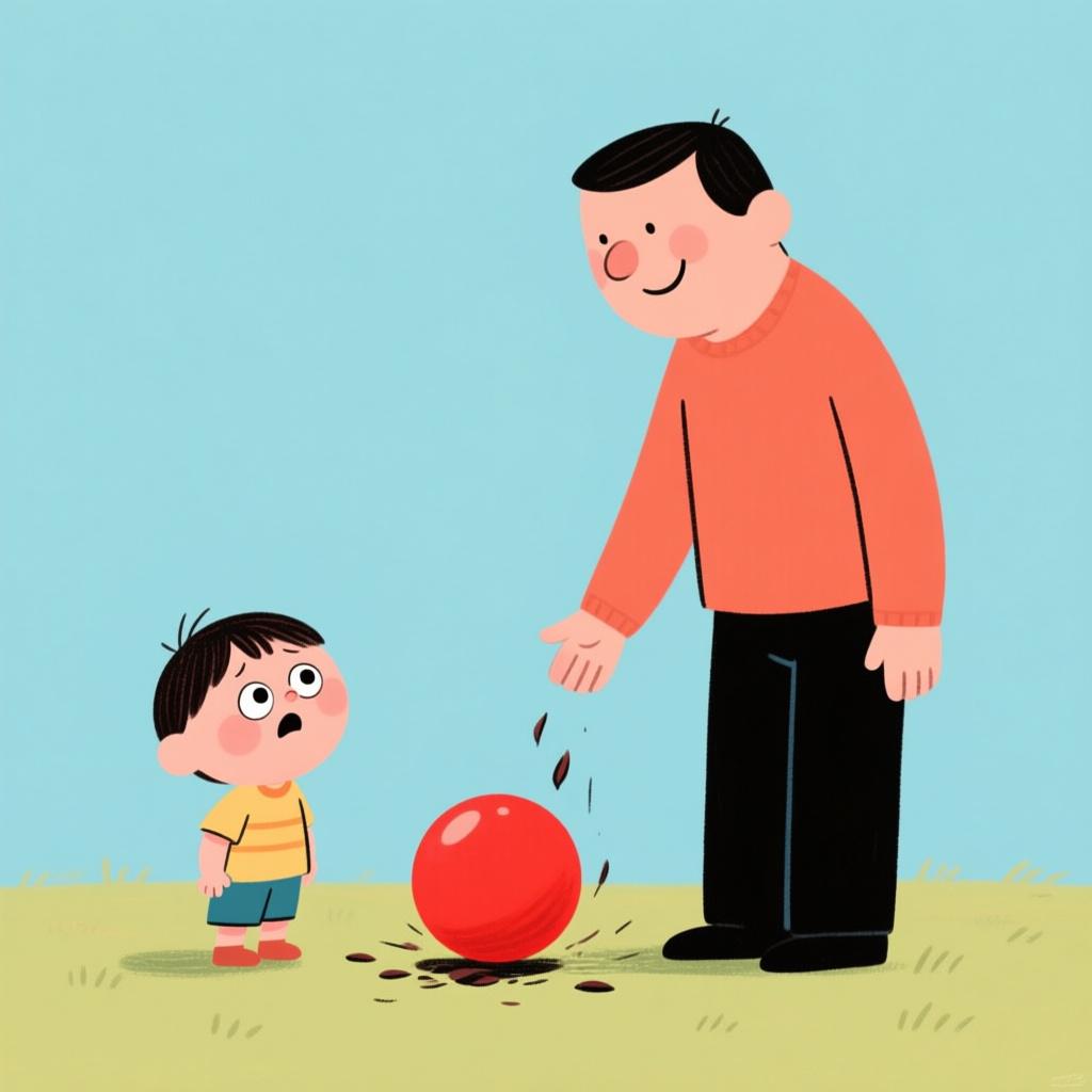 A small child accidentally bumps into a friendly adult, causing a colorful ball to drop, illustrating a minor apology.