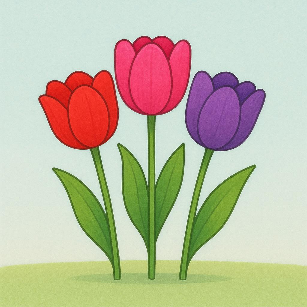 A group of three colorful, vibrant tulips standing upright in a simple setting, illustrating the concept of prettiness.