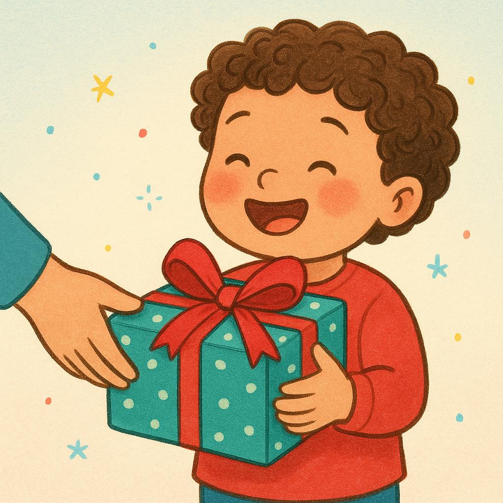 A smiling child receives a brightly wrapped present being handed to them by unseen hands.