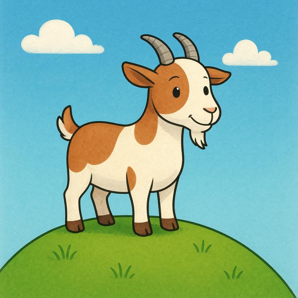 A simple drawing of a brown and white goat standing on a patch of green grass.